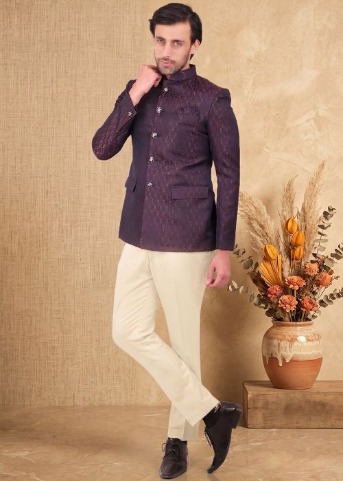Purple Woven Jacquard Bandhgala Jodhpuri Suit