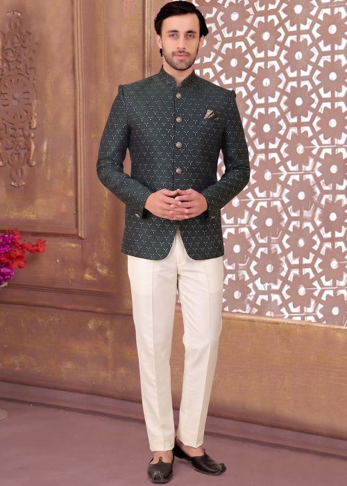 Dark Green Bandhgala Suit With Woven Work
