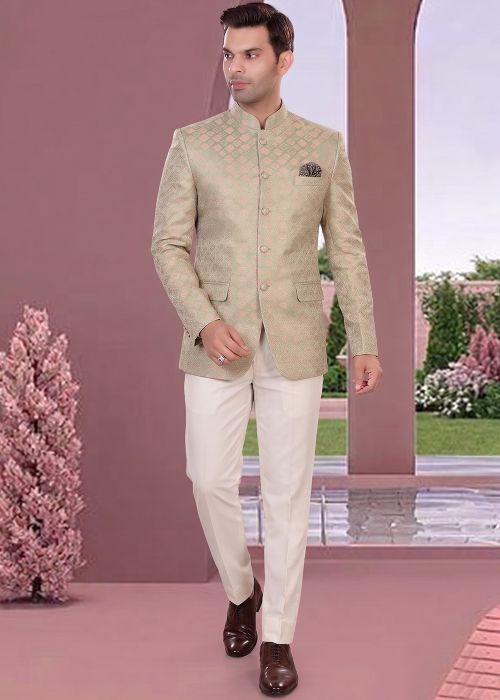 Light Green Woven Jacquard Bandhgala Suit