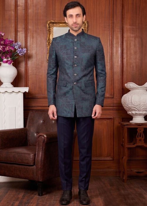 Teal Green Jacquard Bandhgala Suit With Woven Accet