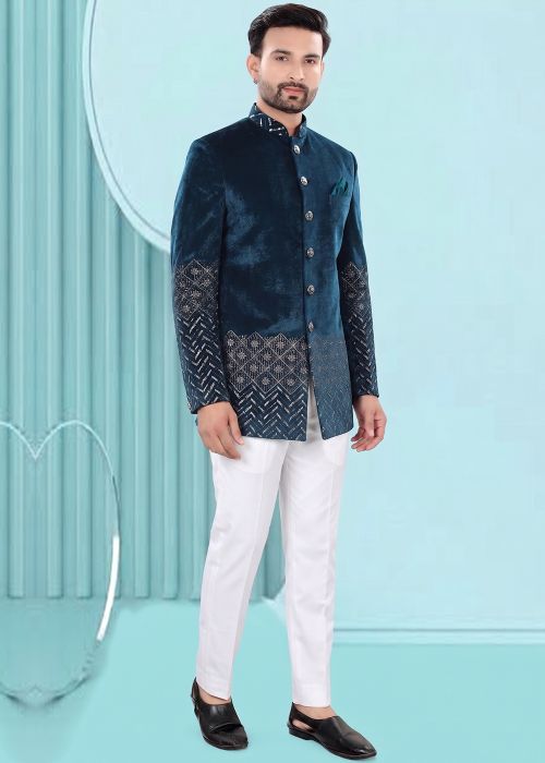 Teal Blue Velvet Bandhgala With Border Work