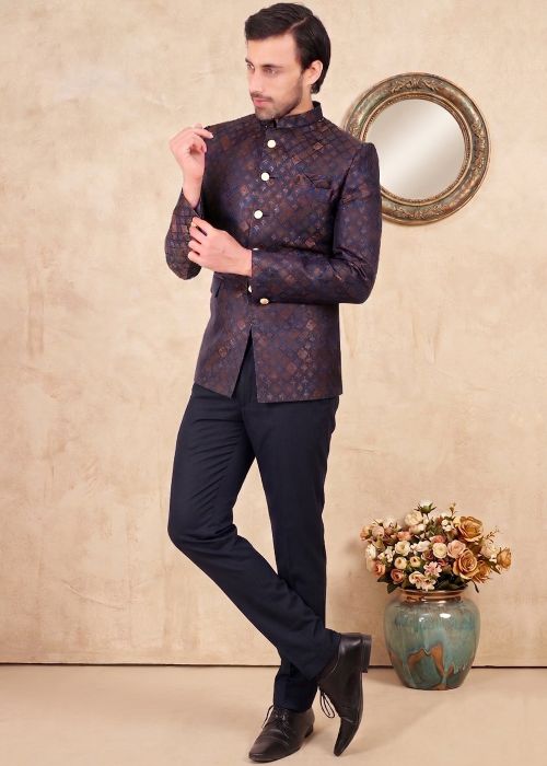 Blue Jacquard Bandhgala With Woven Pattern