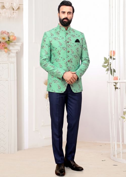 Turquoise Woven Floral Jacquard Bandhgala Suit