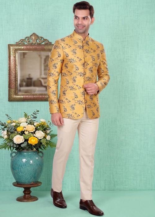 Yellow Floral Woven Jacquard Bandhgala Suit