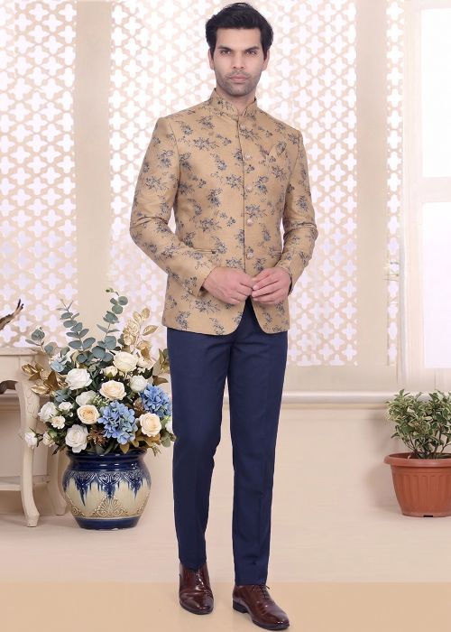 Beige Floral Jacquard Bandhgala Jodhpuri Suit