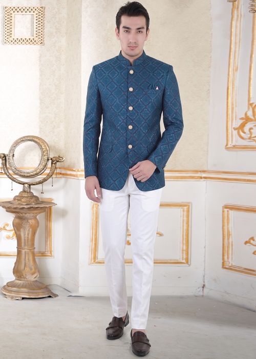 Teal Blue Patterned Jacquard Bandhgala Suit