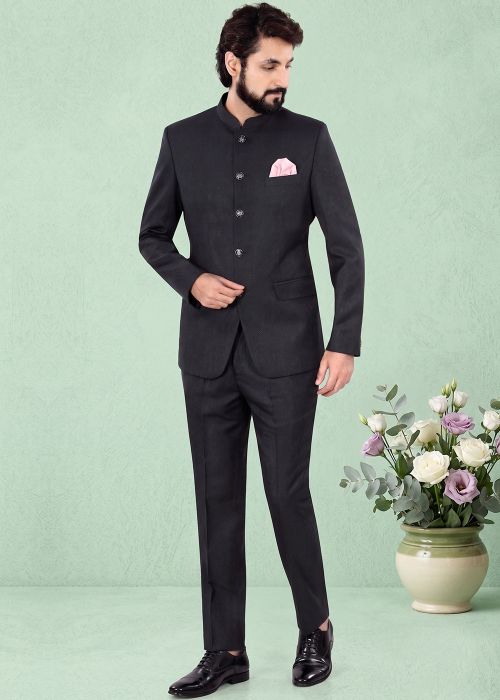Black Jodhpuri Suit With Woven Detail