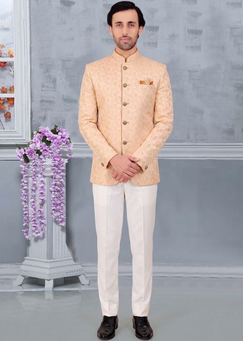 Peach Jacquard Jodhpuri Suit With Floral Weave
