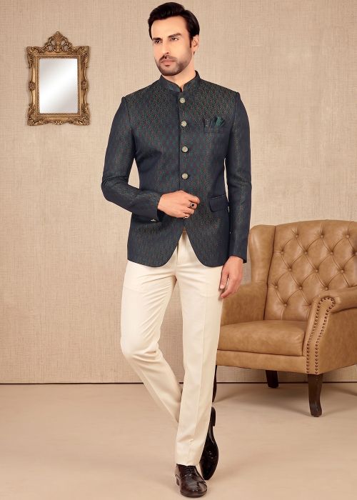 Navy Blue Jodhpuri Suit With Patterned Weave