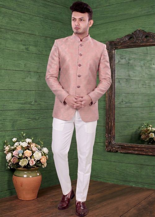 Pink Jacquard Jodhpuri Suit With Woven Accent