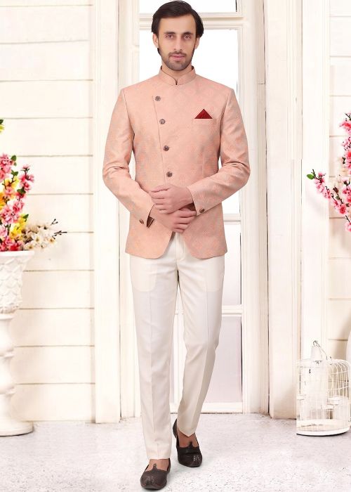 Peach Jacquard Jodhpuri Suit With Woven Work