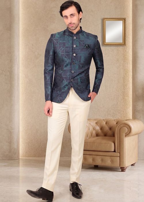 Blue Jacquard Jodhpuri Suit With Woven Work
