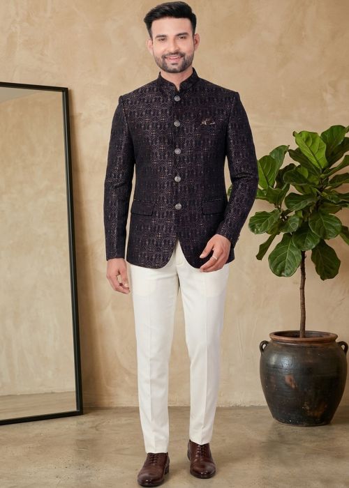 Navy Blue Jodhpuri Suit With Woven Accents