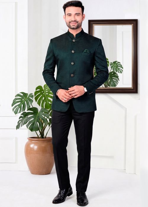 Dark Green Jodhpuri Suit With Woven Motifs