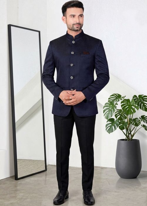 Navy Blue Jodhpuri Suit With Subtle Weave