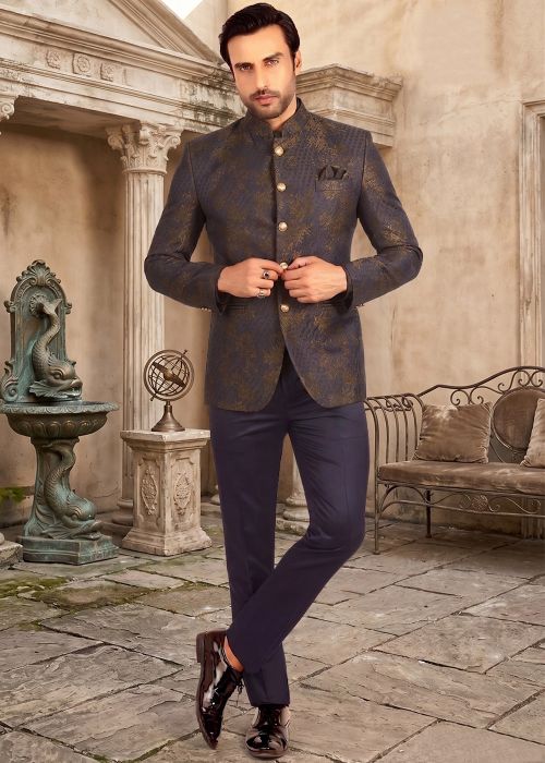 Navy Blue Jodhpuri Suit With Rust Weave