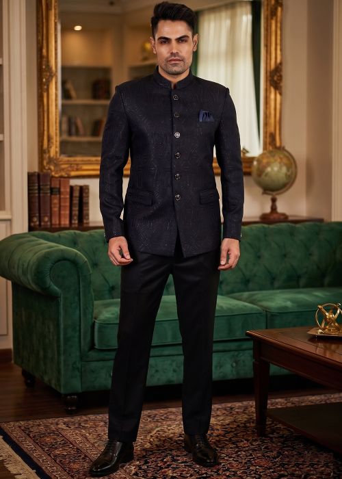 Blue Jacquard Jodhpuri Suit With Sleek Weave