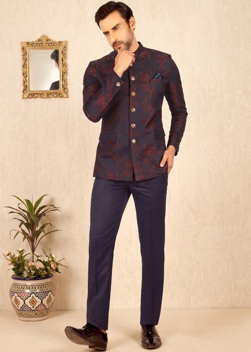 Blue Jacquard Jodhpuri Suit With Texture
