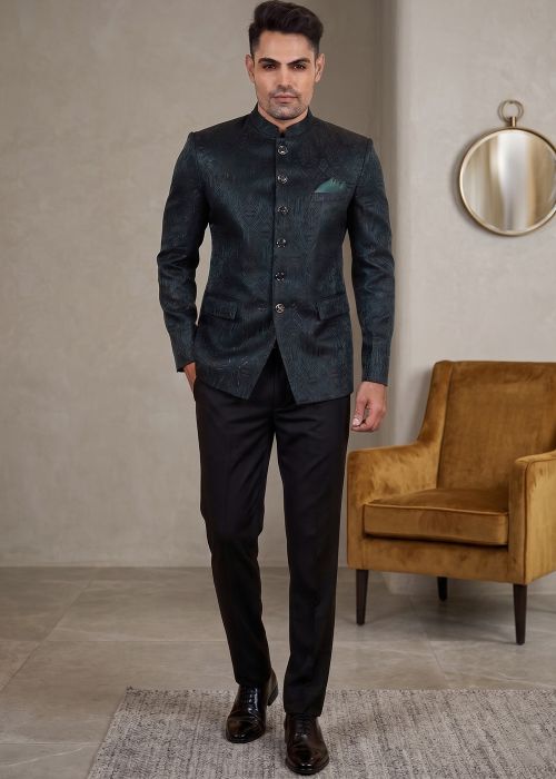Green Jacquard Jodhpuri Suit With Weave