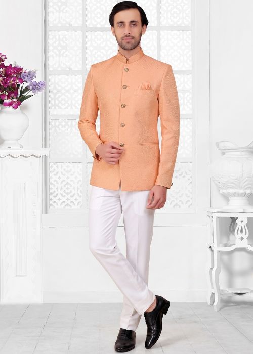 Peach Jacquard Jodhpuri Suit With Woven Work