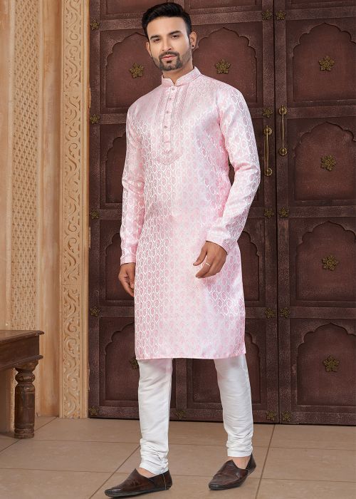 Pink Jacquard Kurta Pajama With Woven Work