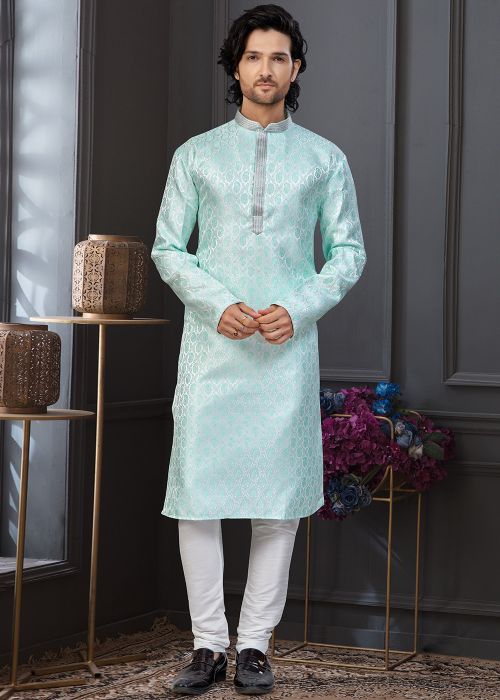 Aqua Blue Jacquard Kurta Pajama With Woven Accent
