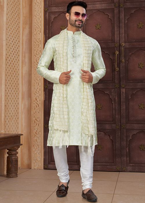Green Jacquard Kurta Pajama With Woven Work