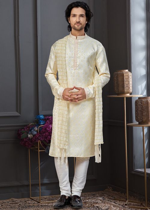 Cream Jacquard Kurta Pajama With Woven Detail