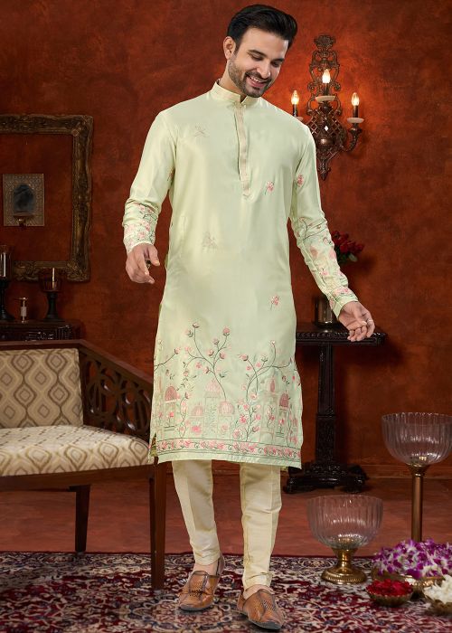 Mint Green Floral Work Kurta Pajama