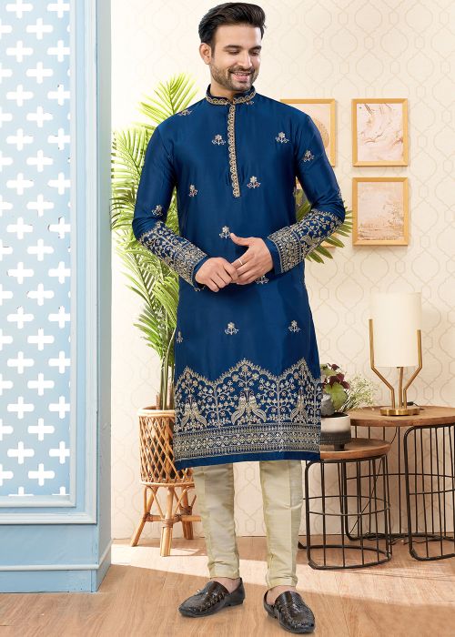 Teal Blue Art Silk Embroidered Kurta Pajama