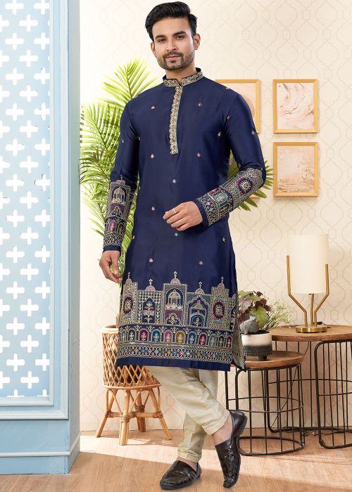 Navy Blue Embroidered Art Silk Kurta Pajama