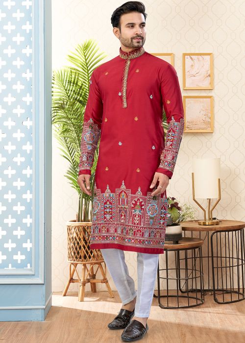 Red Art Silk Kurta Pajama With Thread Work
