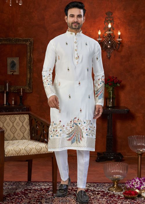 Off White Peacock Embroidered Kurta Pajama