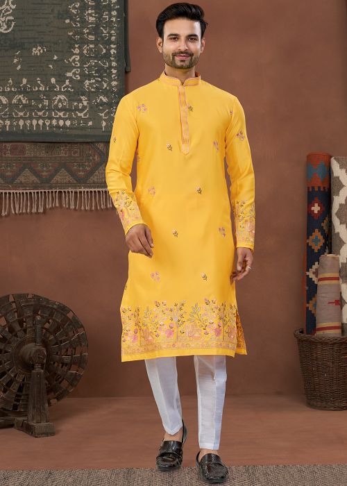 Yellow Floral Embroidered Kurta Pajama Set