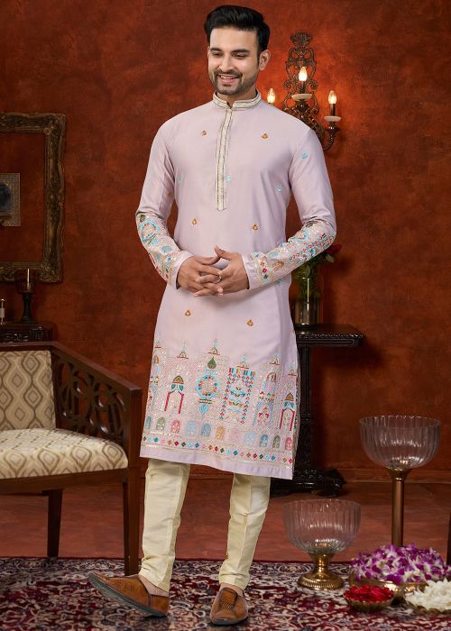 Lavender Embroidered Art Silk Kurta Pajama