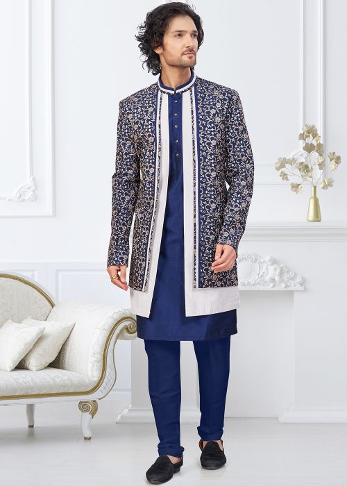 Navy Blue Banarasi Silk Woven Indo Western Sherwani