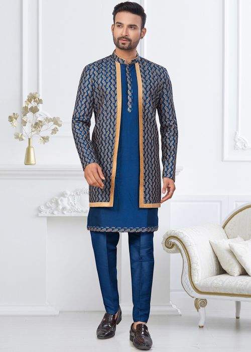 Royal Blue Embroidered Indo Western Sherwani