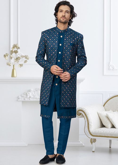 Teal Blue Indo Western Sherwani With Thread Work