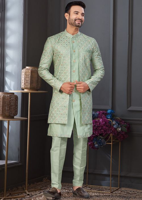 Mint Green Embroidered Indo Western Sherwani