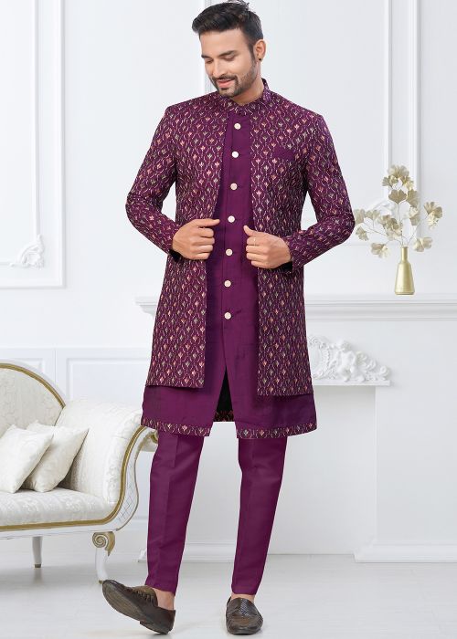 Purple Indo Western Sherwani With Thread Accent