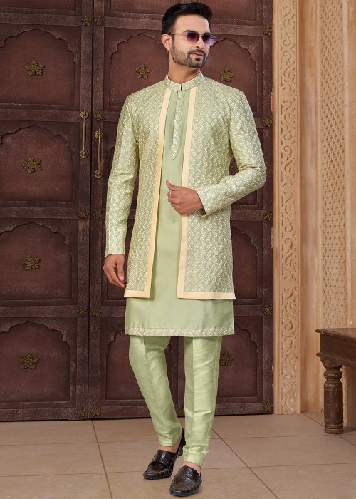 Green Indo Western Sherwani With Thread Motifs