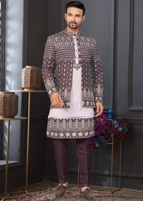 Wine Indo Western Sherwani With Thread Work