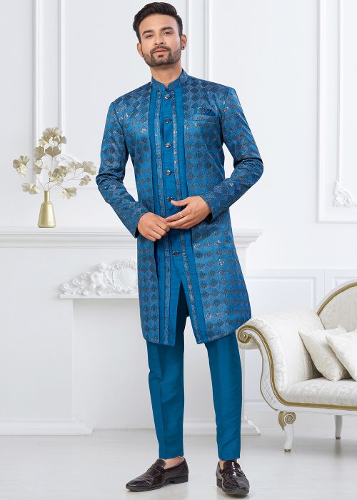 Blue Banarasi Silk Indo Western Sherwani
