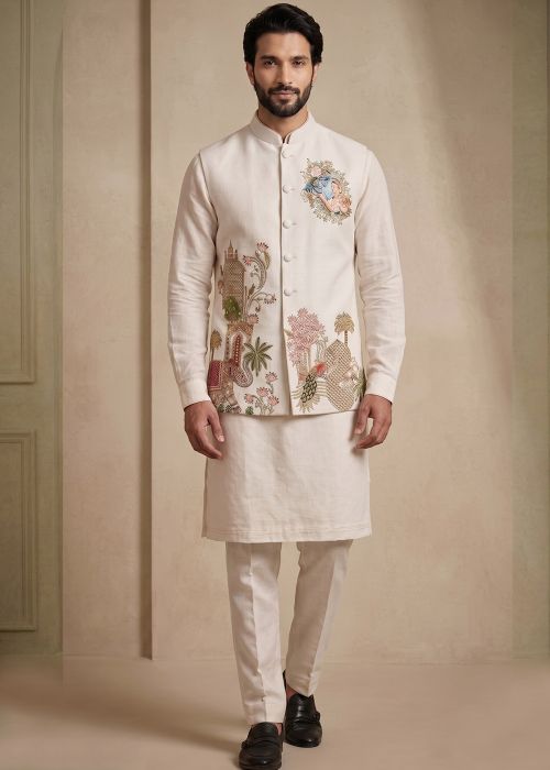 White Kurta Pant With Scenic Threadwork