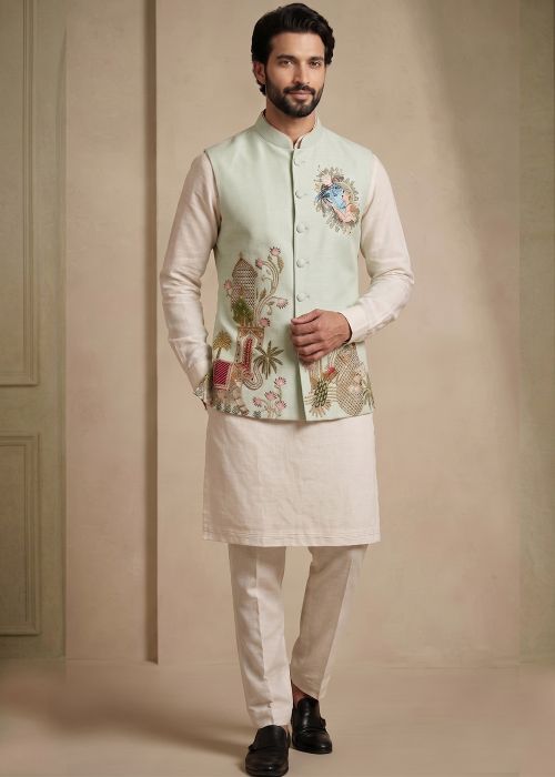 White Kurta Pant Set With Nehru Jacket