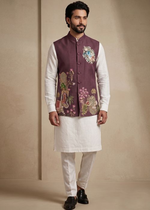 White Kurta Pant With Floral Thread Work