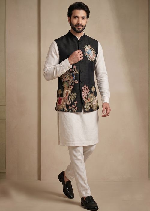 White Kurta Pant Set With Heritage Embroidery