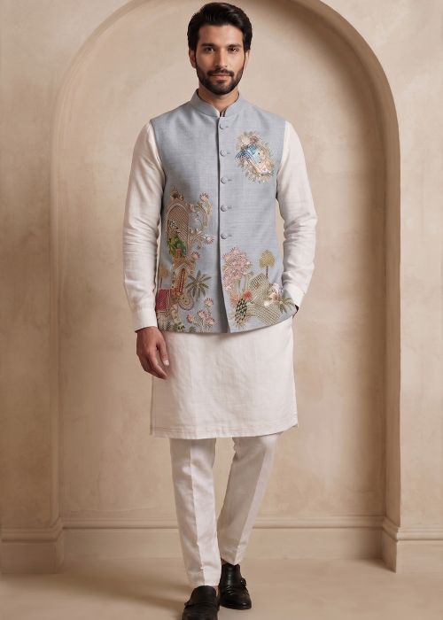 White Kurta Pant With Scenic Thread Work