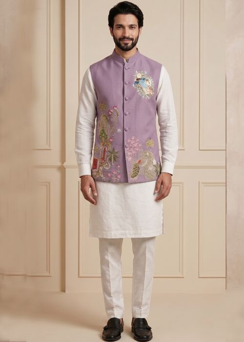 White Kurta Pant With Thread Embroidery