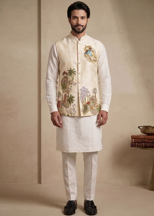 White Kurta Pant With Heritage Threadwork